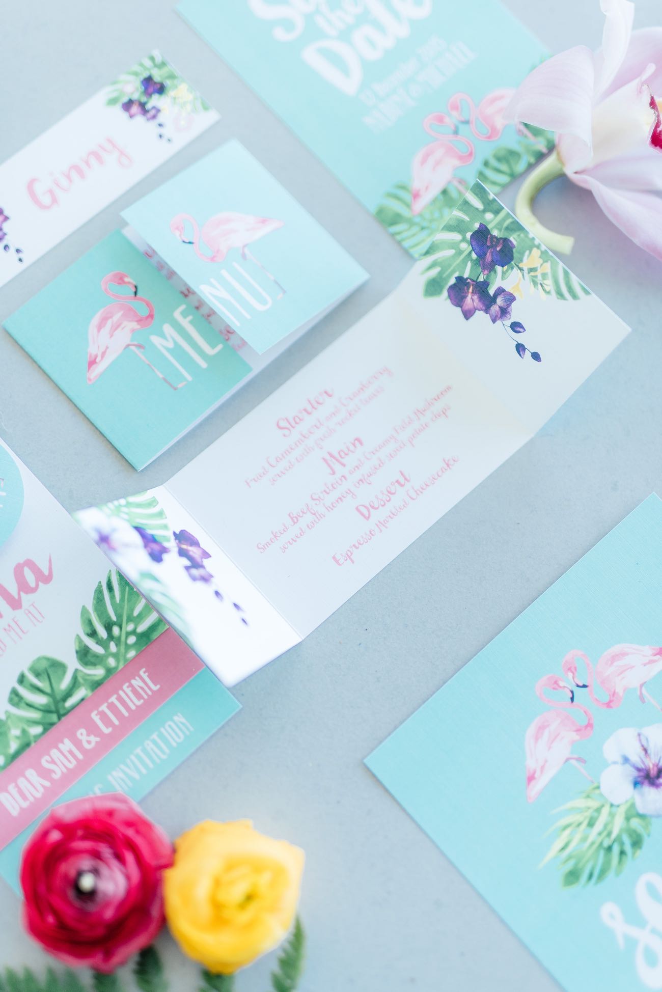 Mint, green and pink hand painted, water color style, tropical wedding invites with beautiful ferns and flamingos. Click for the most absolutely gorgeous Tropical Wedding ideas ever!