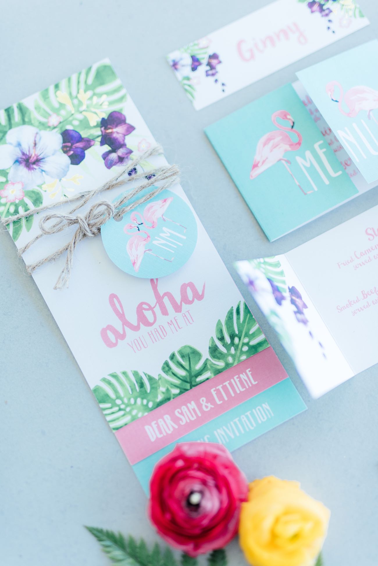 Mint, green and pink hand painted, water color style, tropical wedding invites with beautiful ferns and flamingos. Click for the most absolutely gorgeous Tropical Wedding ideas ever!