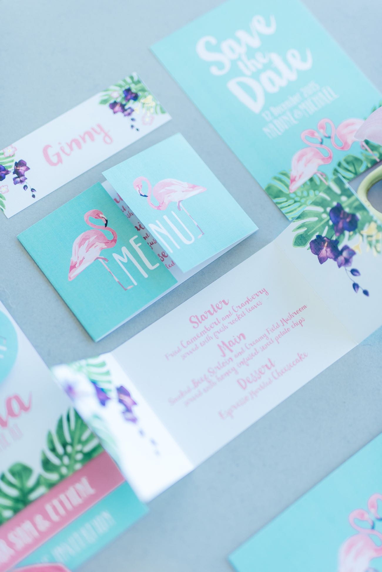 Mint, green and pink hand painted, water color style, tropical wedding invites with beautiful ferns and flamingos. Click for the most absolutely gorgeous Tropical Wedding ideas ever!