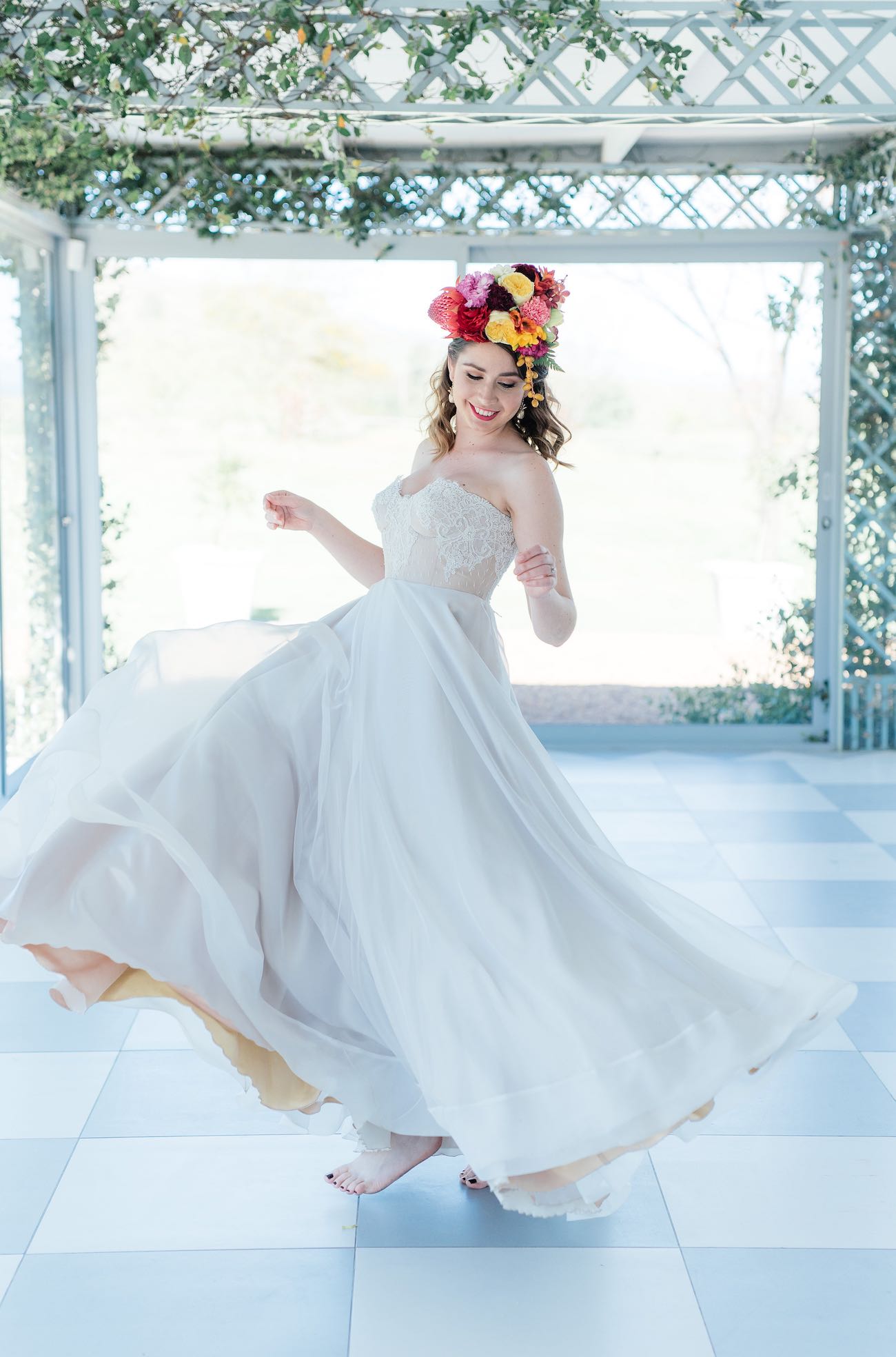 Super cute "tutti frutti", Carmen Miranda style tropical flower crown for a tropical bride in bright colors. Fun and cute. Tropical Wedding Ideas photographed by Debbie Lourens Photography