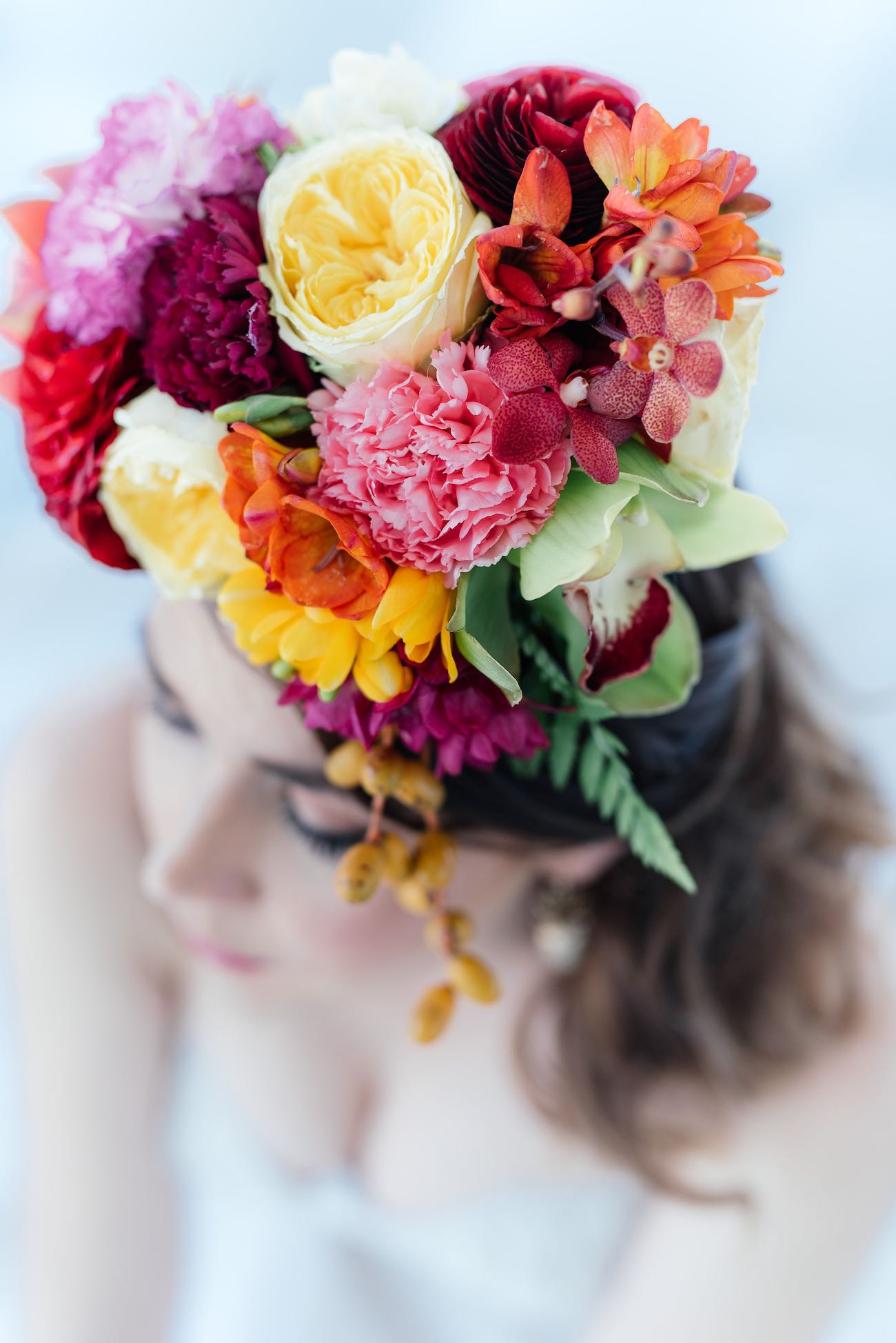 Super cute "tutti frutti", Carmen Miranda style tropical flower crown for a tropical bride in bright colors. Fun and cute. Tropical Wedding Ideas photographed by Debbie Lourens Photography